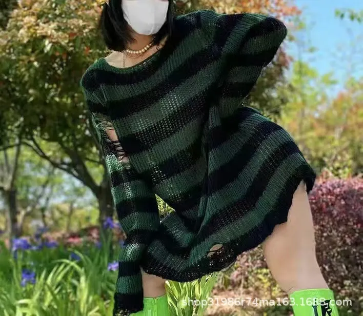 Churchf Churchf Hole Hollow Out In The Long Sweater Female Stripe Loose Color Dark Versatile Knit Niche Punk