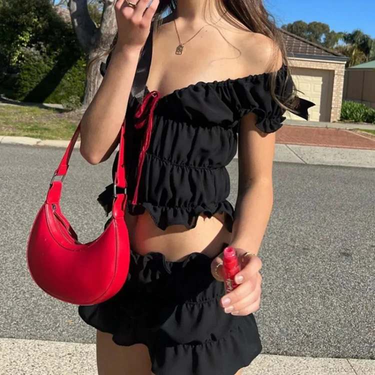 Vintage 2 Piece Set Cute Bow V Neck Ruched Crop Tops + Mini Pencil Fairycore Cottage T-shirt Y2K Kawaii Sweet Outfits Women