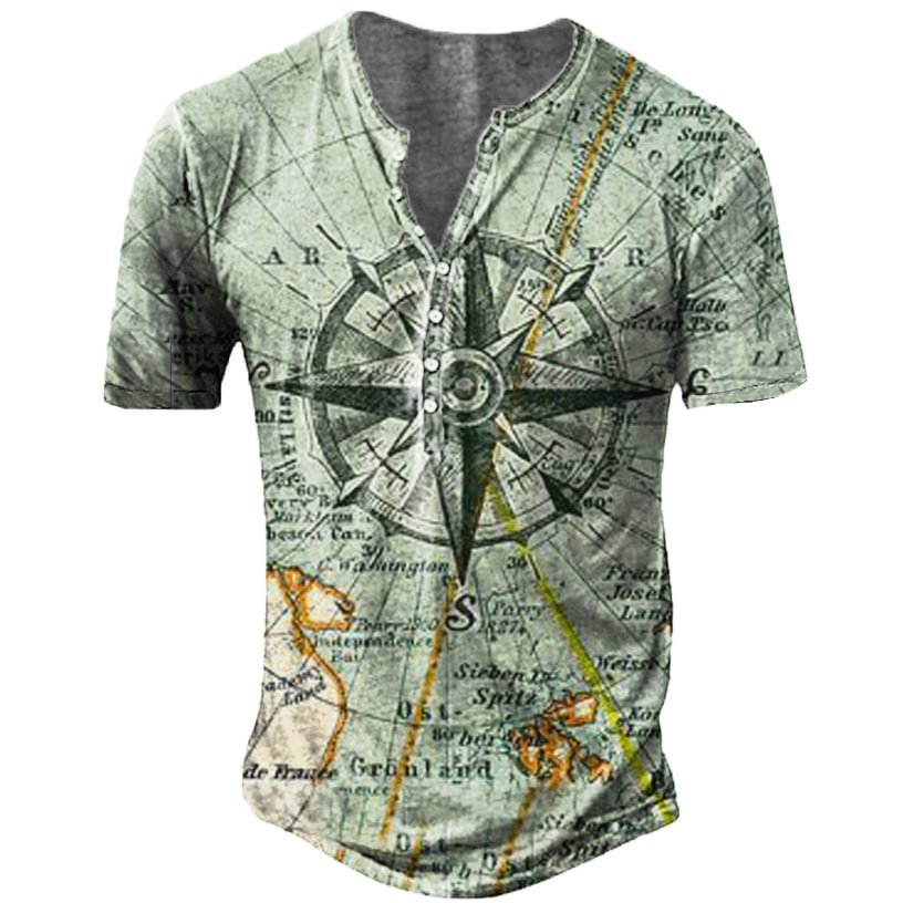 Men's Vintage Nautical Map Compass Henry Collar T-Shirt-Compassnice®