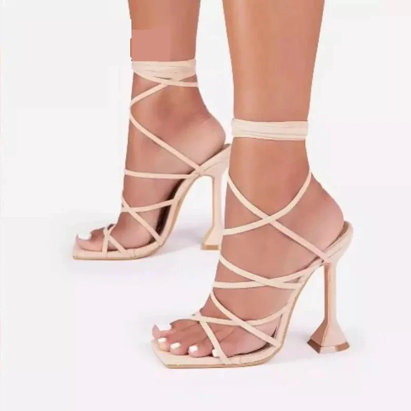 Qengg Women Summer Sandals Sexy Peep Toe Ankle Strap Shoe Cross Lace-Up Stiletto High Heels Ladies Party Slipper Shoes