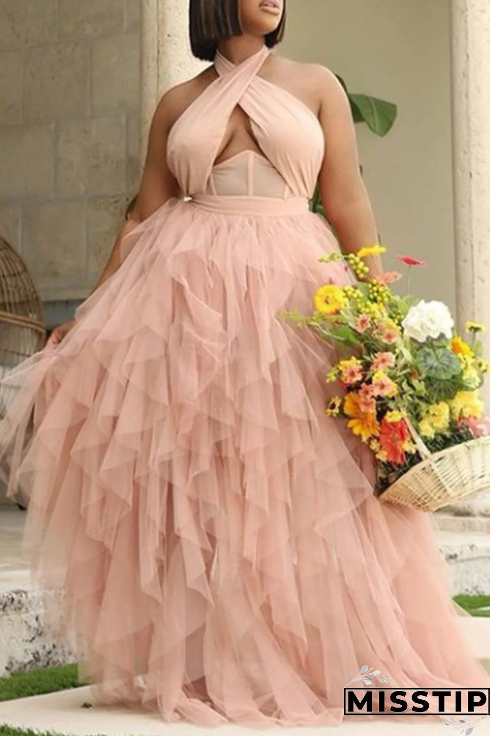 Pink Sexy Solid Hollowed Out Backless Halter Evening Dress