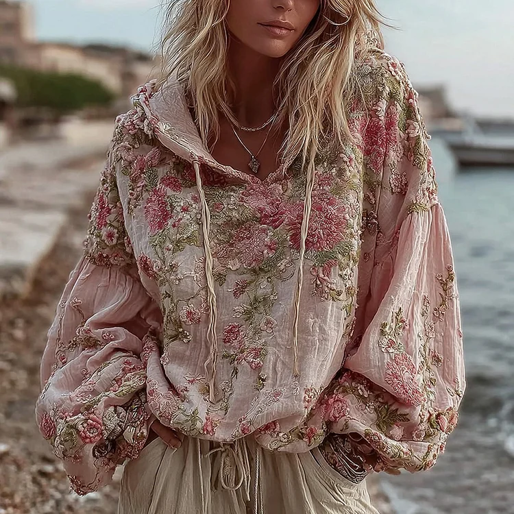 Women's Vintage Floral Embroidery Warm Hoodie