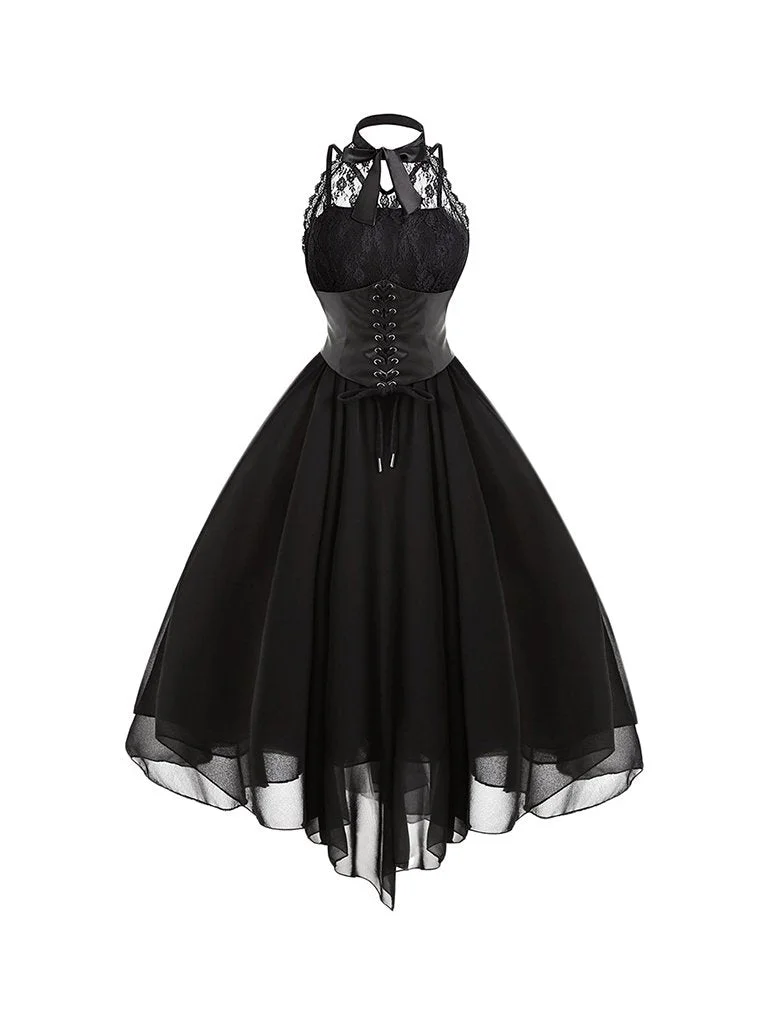 Halloween Costume Gothic Bow Sleeveless Cross Back Lace Panel Corset Swing Dress
