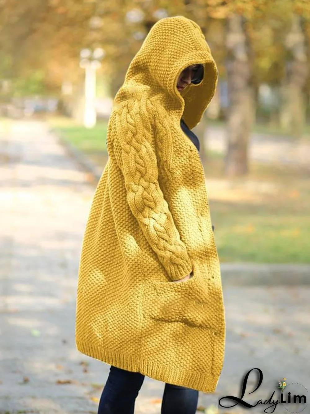 Casual Chunky Pocket Cable-knit Button Front Hooded Sweater Jacket