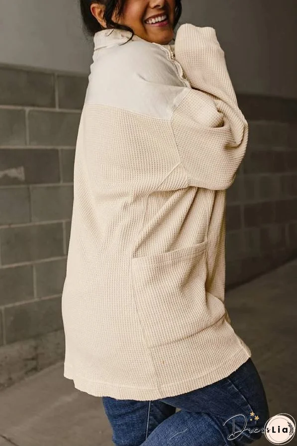 Smoke Green Waffle Patchwork Drop Sleeve Henley Top