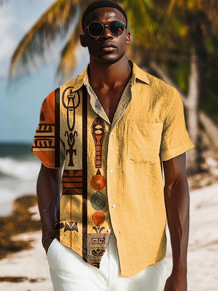 Vintage African Art Abstract Pattern Vintage Print Casual 100% Cotton Shirt