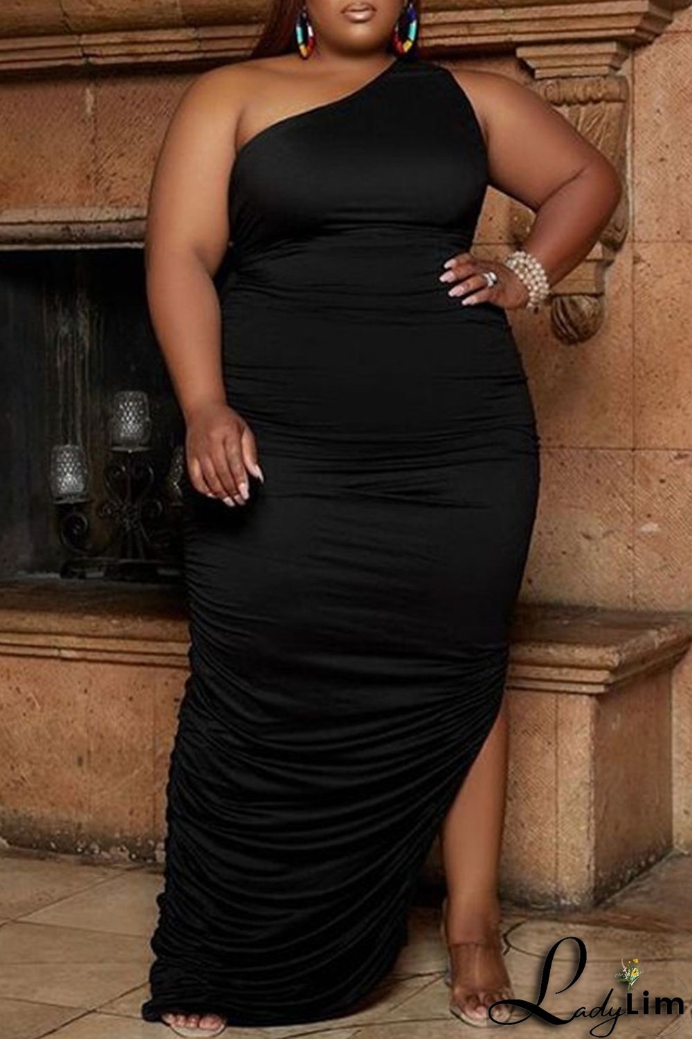 White Fashion Casual Plus Size Solid Slit Fold One Shoulder Long Dress