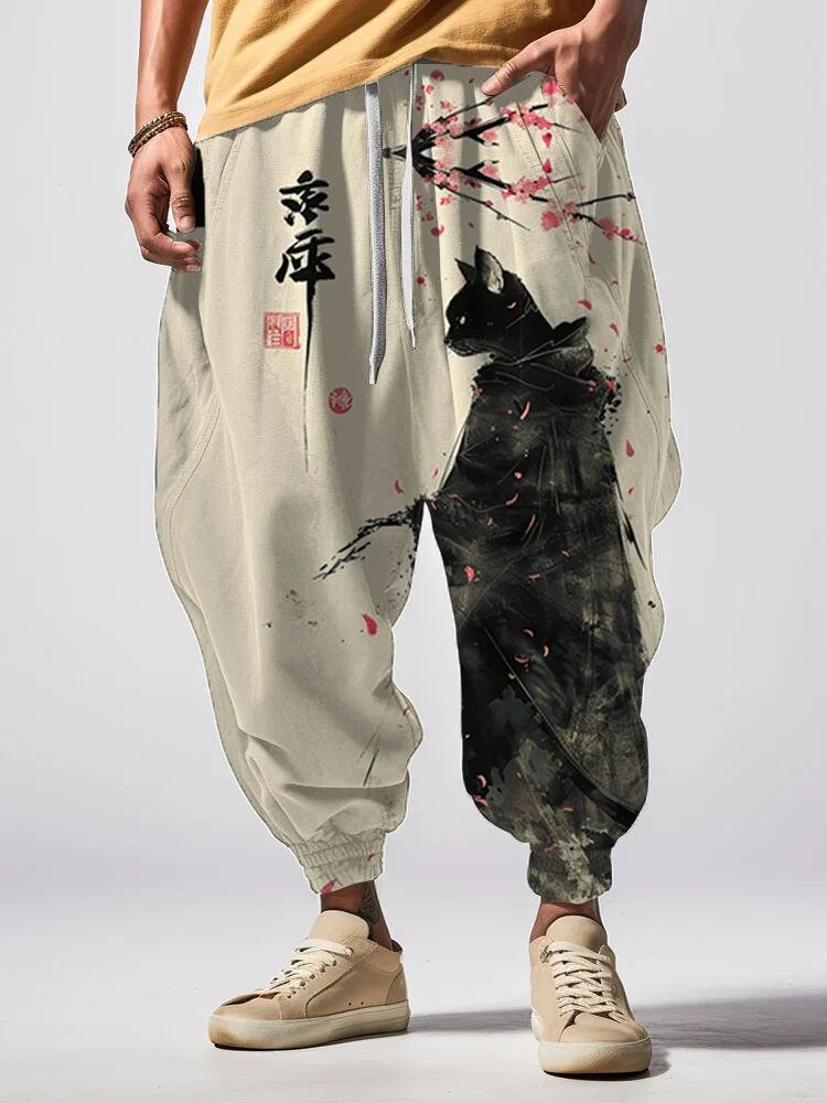 Men's Japanese Black Robe Cat Ink Painting Print Casual Sweatpants