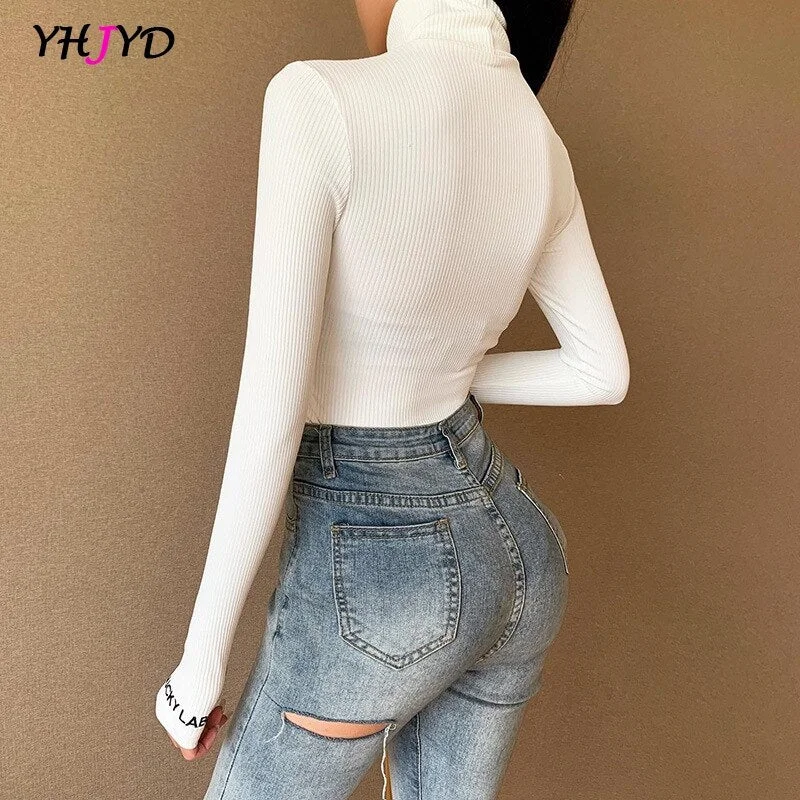 Sexy Autumn Winter Long Sleeve Bodysuit Letter Print Women Bodycon Skinny Elastic Turtleneck White Black ribbed knit Bodysuit