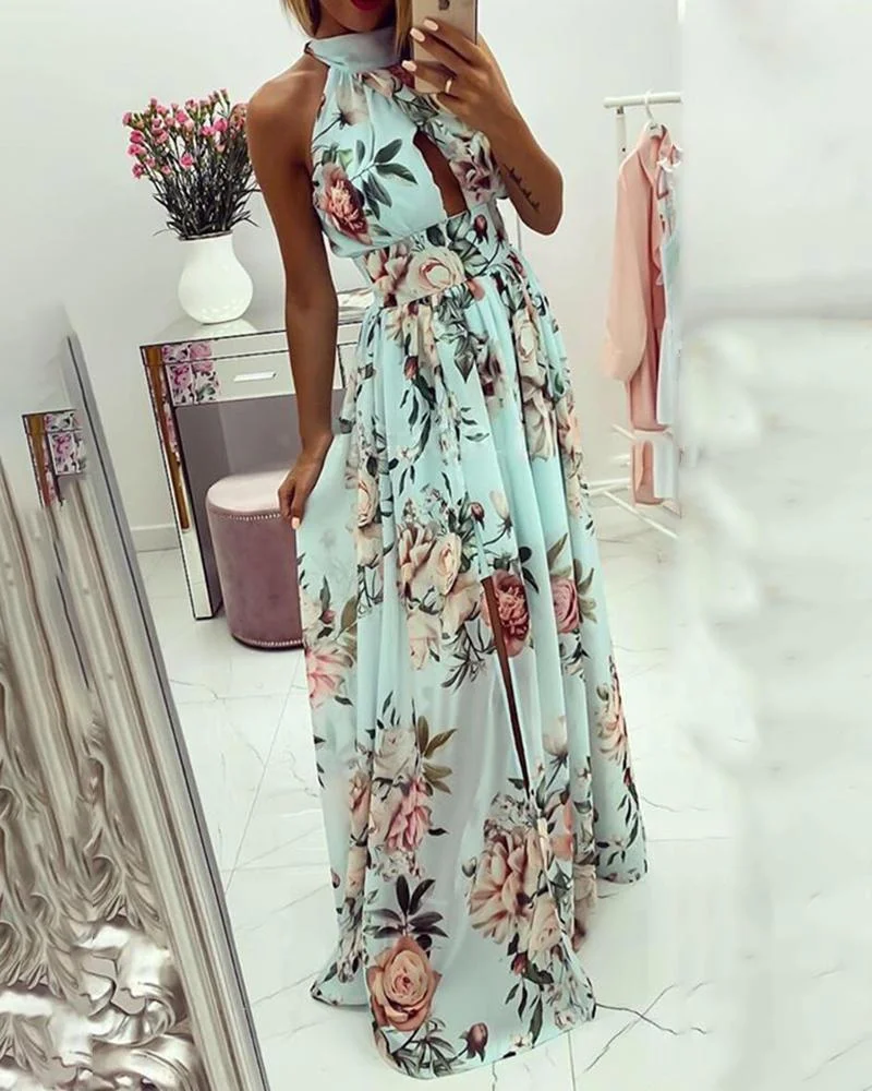 Floral Print Knotted Cutout Back Maxi Dress | EGEMISS