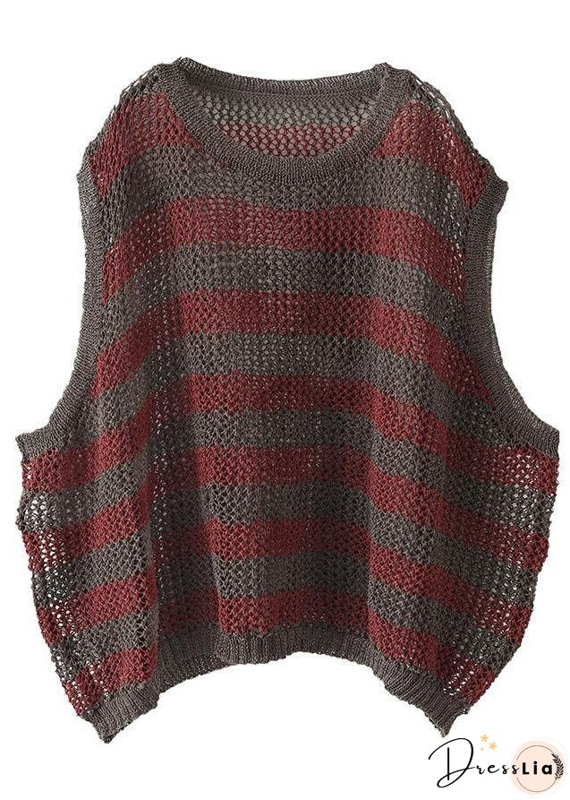Mulberry Striped Hollow Out Summer Linen Tank Sleeveless