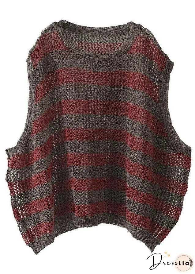 Mulberry Striped Hollow Out Summer Linen Tank Sleeveless