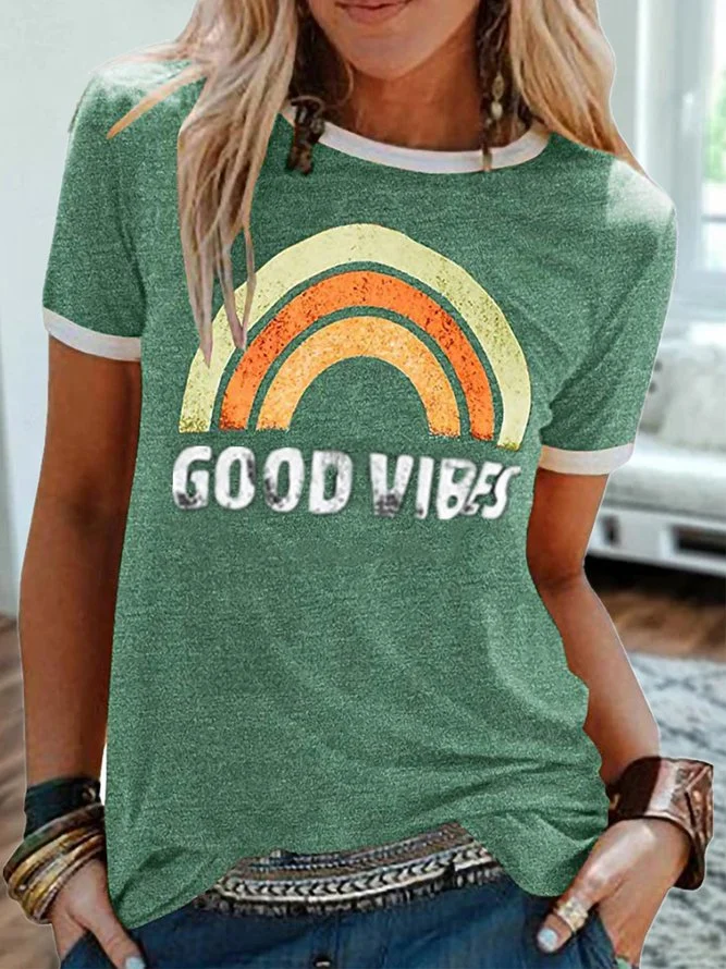 Vintage Short Sleeve Rainbow Letter Printed Plus Size Casual Tops