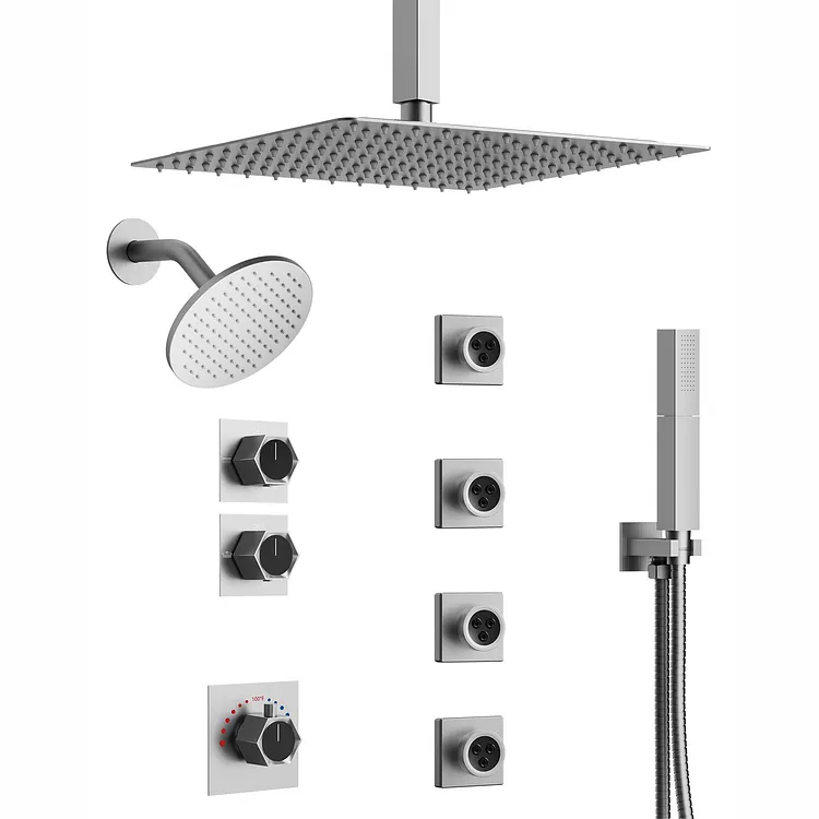 EVERSTEIN 12" & 6" Thermostatic Shower System with Body Jets Brushed Nickel 