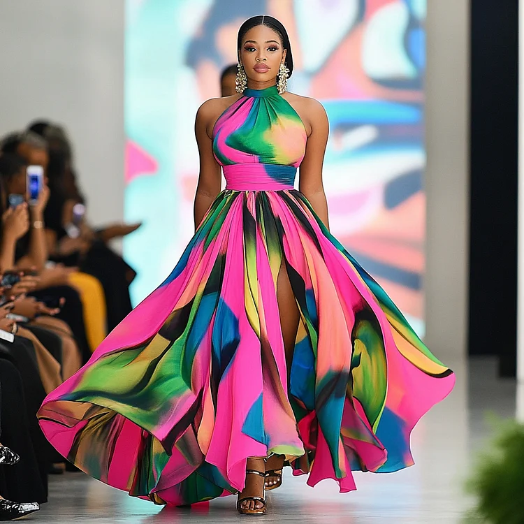 Halter Gathered Irregular Hem Print Party Maxi Dresses-Multicolor [Pre Order]