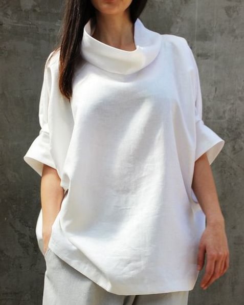 High neck blouse cotton and linen top