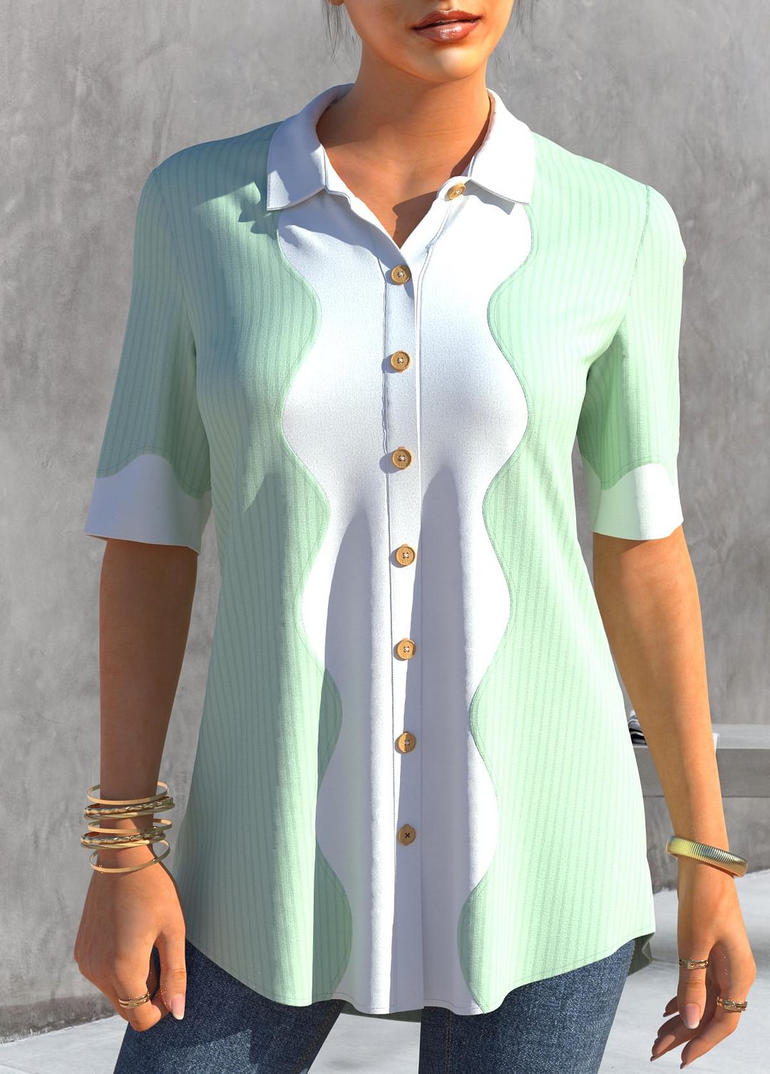 Mint Green Button Up Turndown Collar Blouse