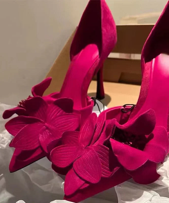 Rose Suede Floral Splicing Chic High Heels Pointed Toe