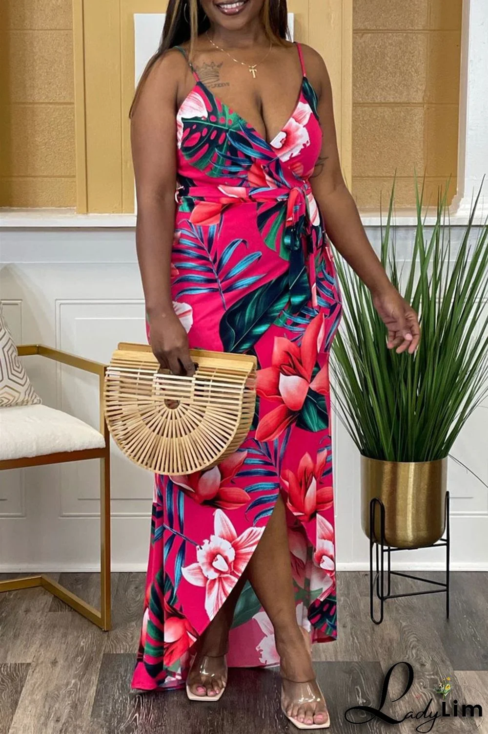 Green Sexy Casual Print Bandage Backless V Neck Sling Dress