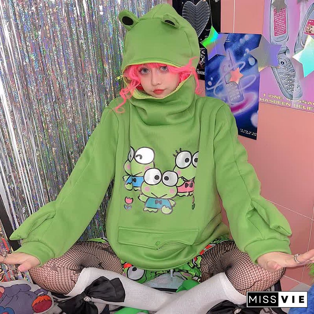 Cartoon Frog Print Pocket Plush Zipper Hoodie