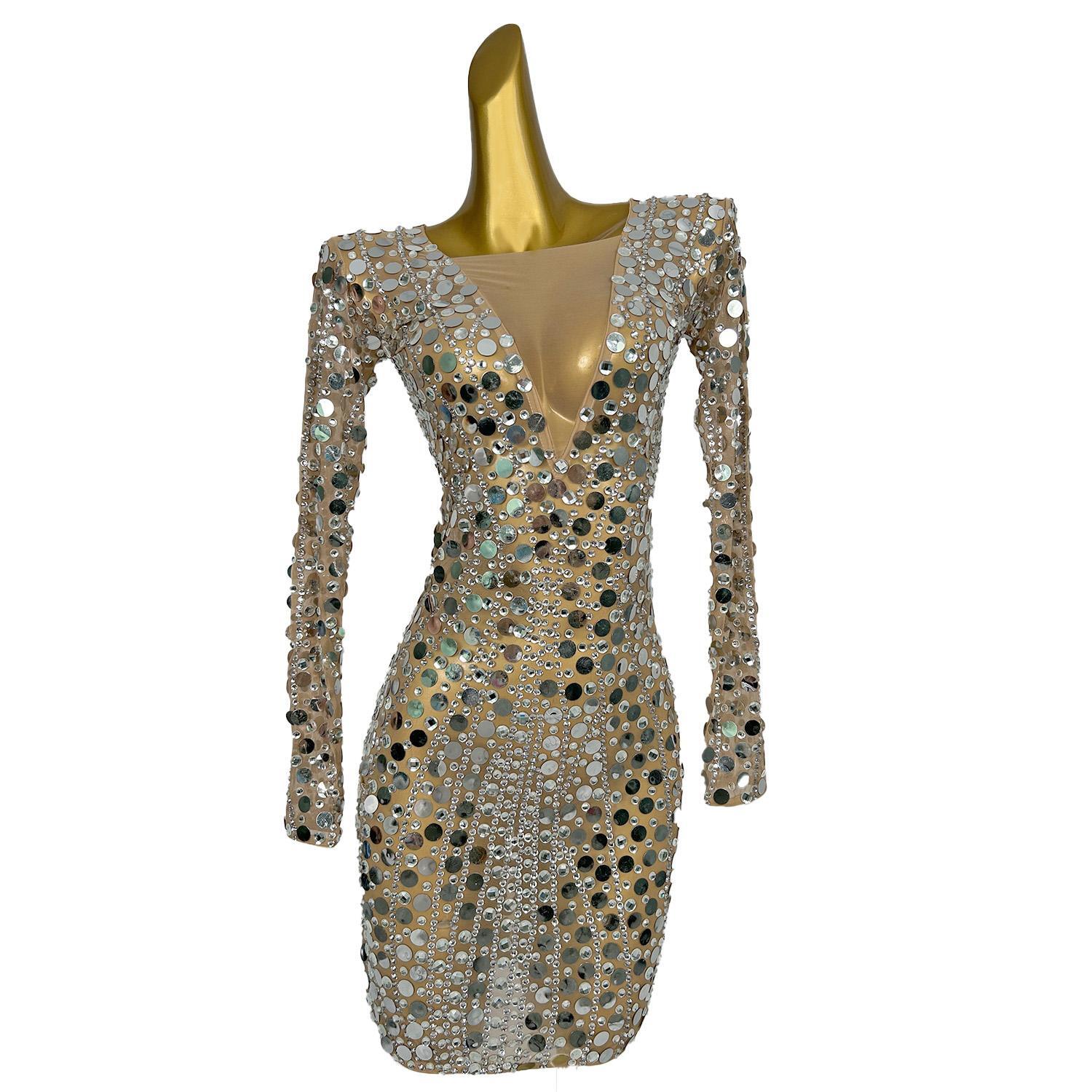 GOOSHOE Silver Mirrors Stone Dress Female Bright Prom Gowns Costume One-piece Dress Outfit Dresses Huadiandian