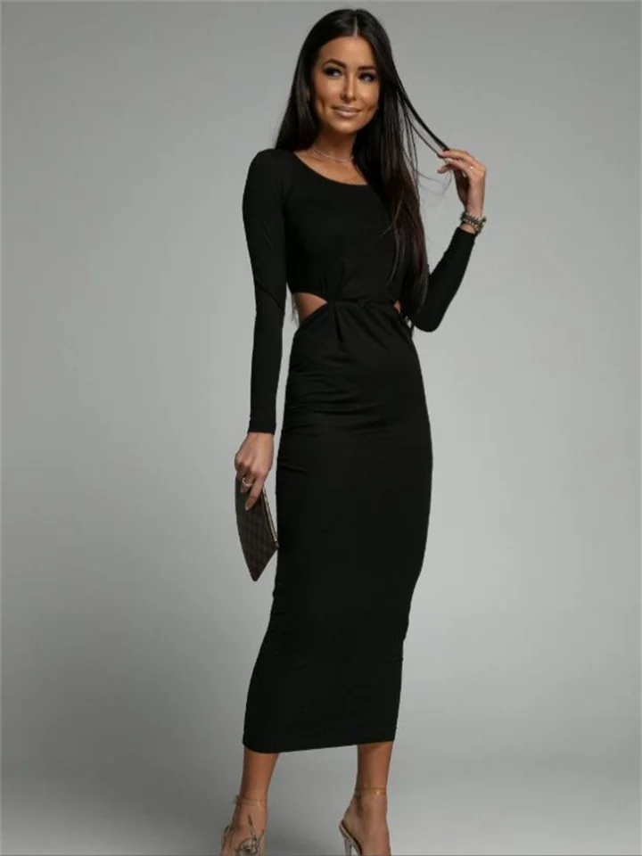 New Round Neck Long Sleeve Slim Splicing Print Solid Color Open Sexy Backless Waist Irregular Dresses Long Dress-Cosfine