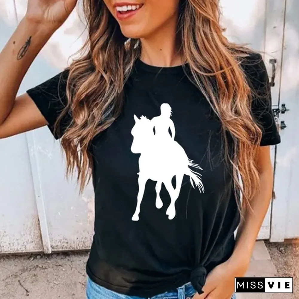 Womens Horse Print Knight Shirts Womens Tops Casual Tees Women Blouse Graphic T-Shirt
