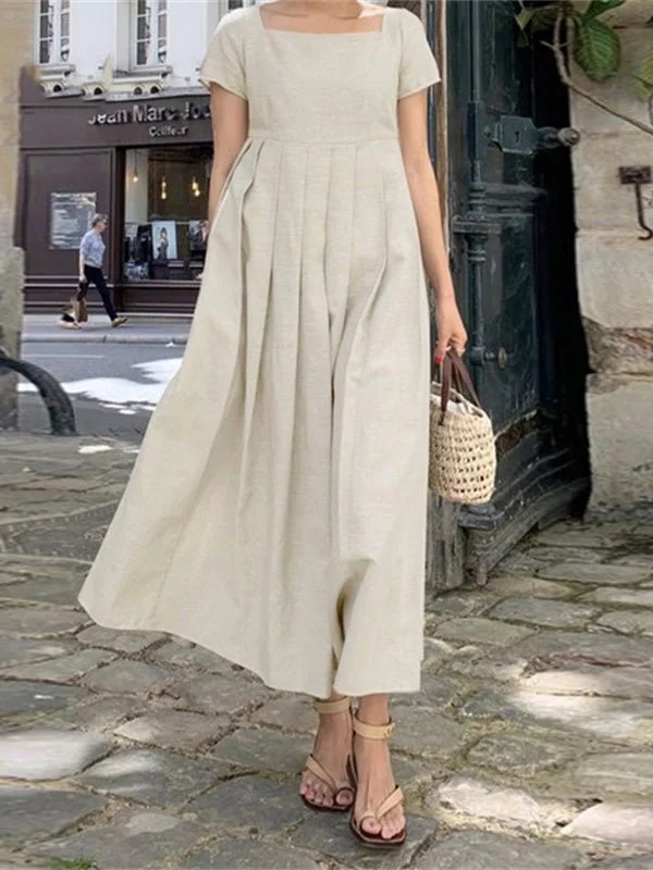 Women's Maxi Dresses Square Neck Pleated Short Sleeve Dress