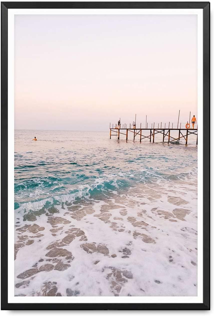Print Canvas Wall Art Pastel Beach Print Boho Coastal Poster Pastel Ocean Print Blush Pink Beach Pier Ocean Horizon Print Pier Modern Wave Prints Suitable for Living Room Bedroom Office 16x24inch-Metal Frame Picture 6