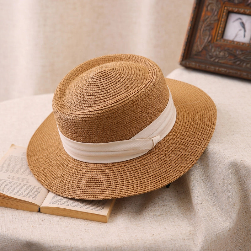 Big Head Straw Hat Women’s Flat Top Hat Flat Brim Sunshade Hat Fashionable Women’s Straw Sun Hat Showing Small Face
