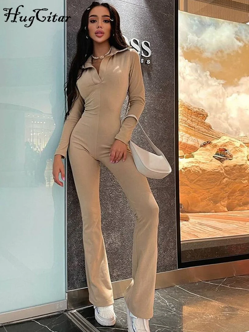 Hugcitar Pure Color Polo Neck High Waist Flare Leggings Jumpsuit 2021 Autumn Women Stretch Sexy Streetwear Casual