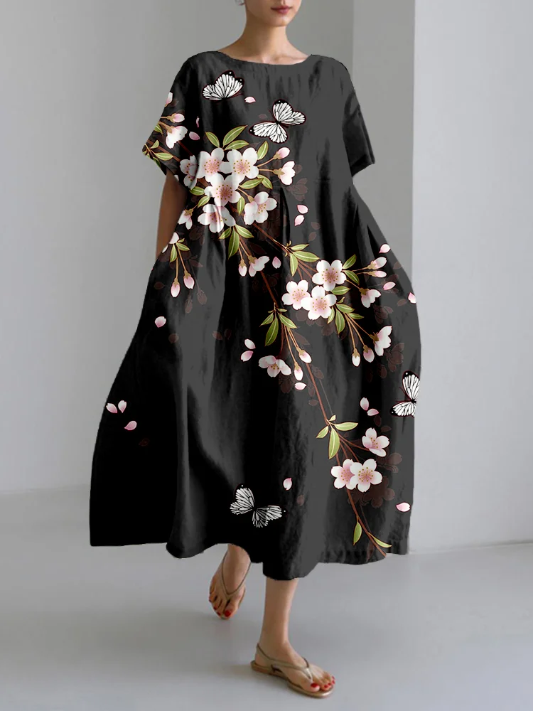 Vintage Cherry Blossom & Butterfly Art Linen Blend Maxi Dress