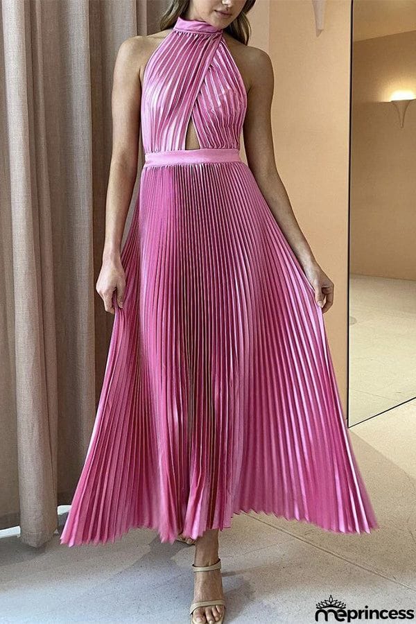 KOLLINS PLEATED HALTER MIDI DRESS - HUNTER GREEN