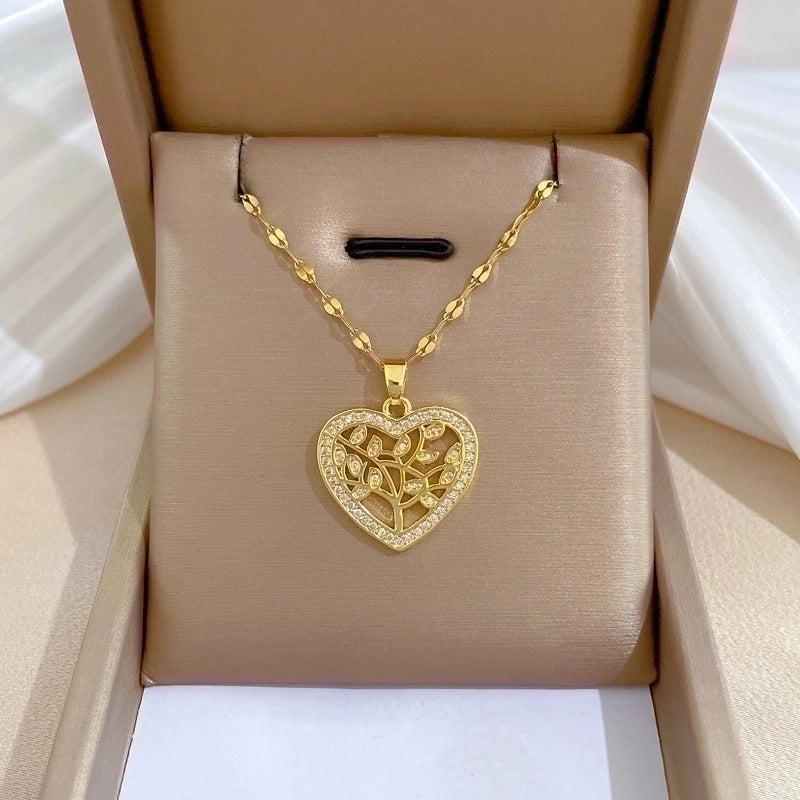 2 Pieces Minimalist Classic Style Geometric Heart Shape Titanium Steel Copper Zircon Pendant Necklace In Bulk