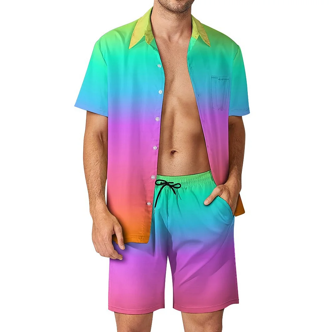 Pastel Rainbow Ombre Gradient Men Hawaiian 2 Piece Outfit Vintage Button Down Beach Shirt Shorts Set Tracksuit with Pockets
