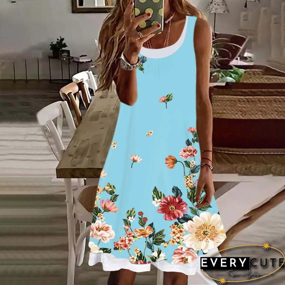 Women's Dress Summer New Fashion Women's Flowers Fake Two Pieces Printed Sleeveless Casual Soft and Comfortable Plus Size Dress S-5XL