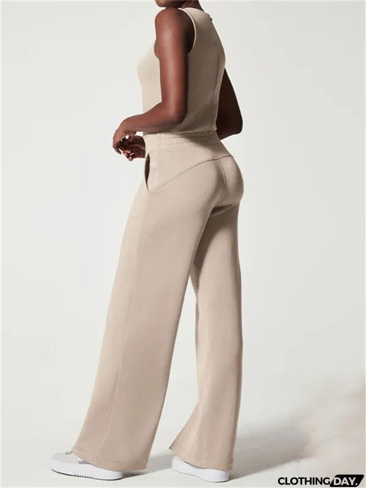 Ladies Summer Relaxed Crew Neck Sleeveless Straight Leg Jumpsuit