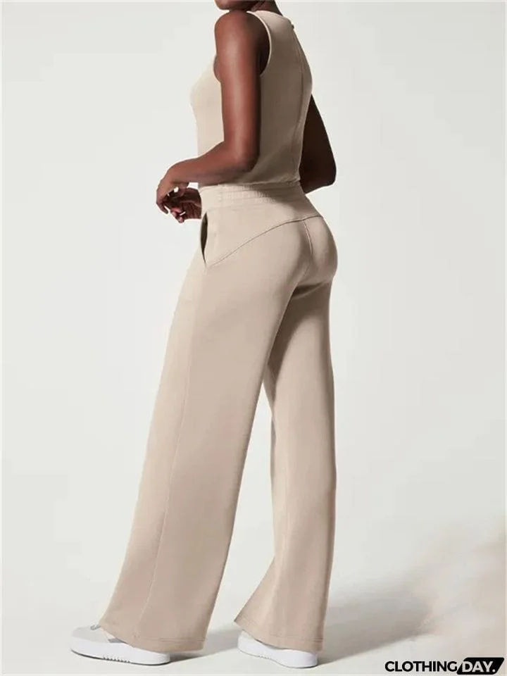 Ladies Summer Relaxed Crew Neck Sleeveless Straight Leg Jumpsuit