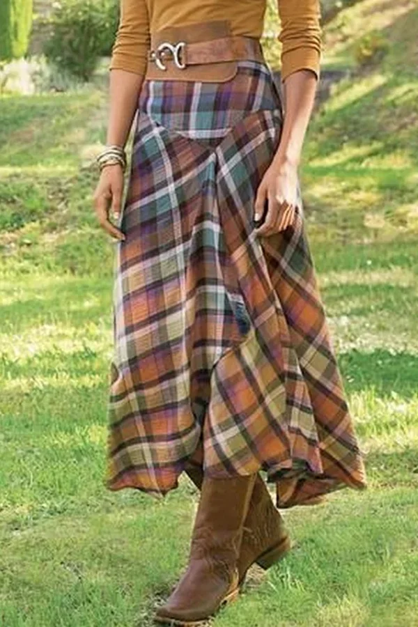 70s Retro Plaid Casual Cotton Blend Skirt