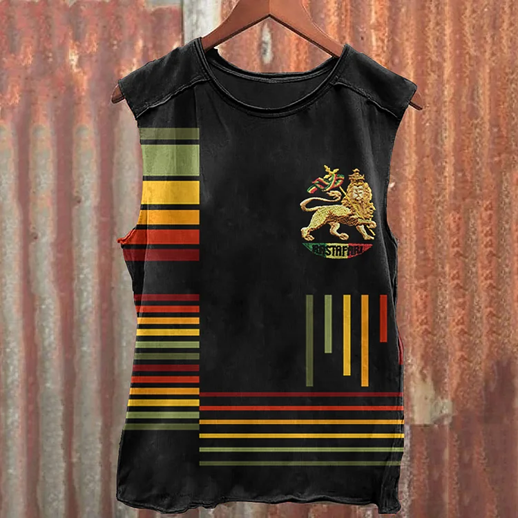 Comstylish Rasta Lion Reggae Stripe Splicing Art Tank Top