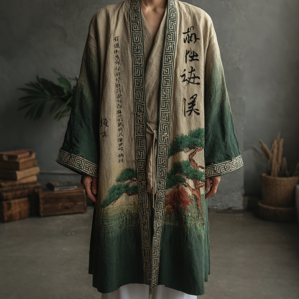 Japanese Style Retro Calligraphy Pine Gradient Art Flowing Kimono  artssus