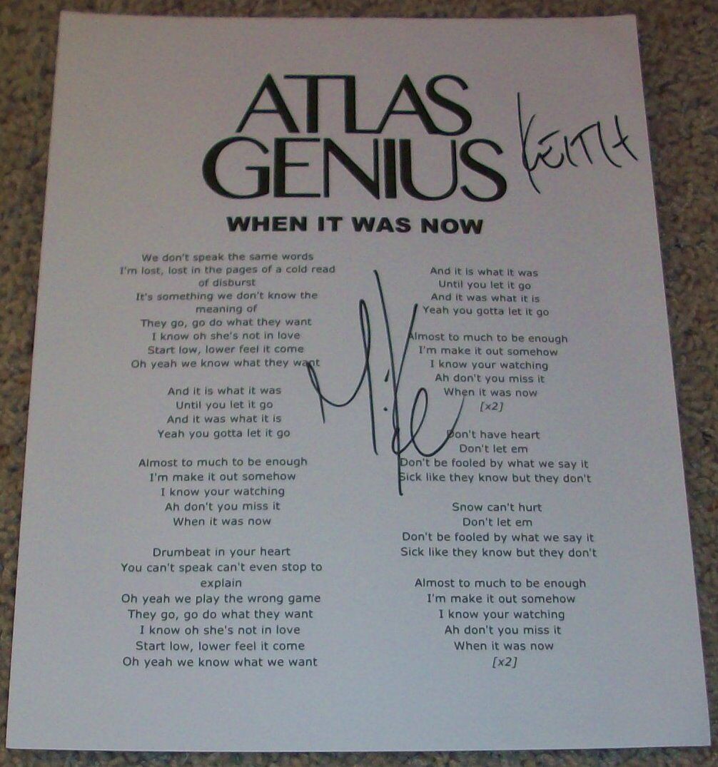 ATLAS GENIUS SIGNED AUTOGRAPH WHEN IT WAS NOW LYRICS SHEET w/PROOF KEITH MICHAEL