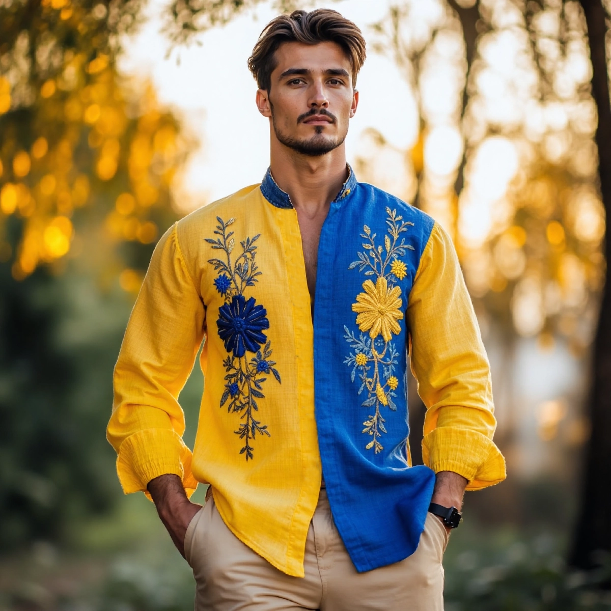 Comstylish Men's Ukrainian Folk Floral Embroidered Design Gradient Shirt