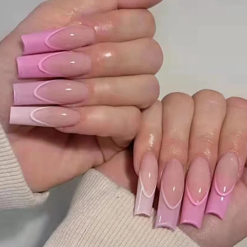 W116 Pink French Ombre Nails Set Press on XL Length
