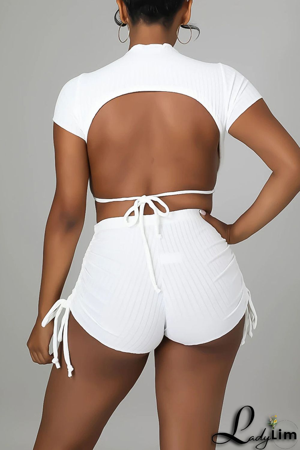 Black Sexy Print Bandage Patchwork Draw String Backless Fold O Neck Short Sleeve Two Pieces