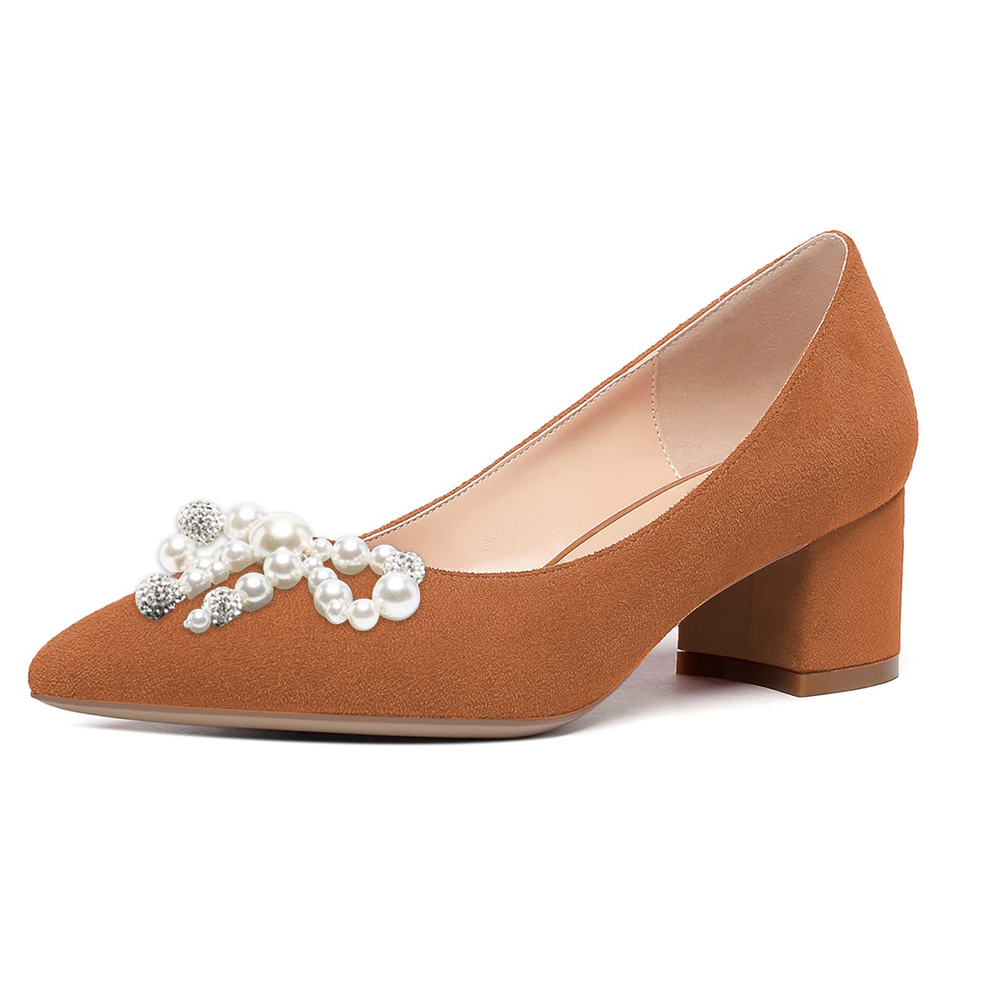 Brown Pointed Toe Suede Chunky Heels Pumps for Office Ladies