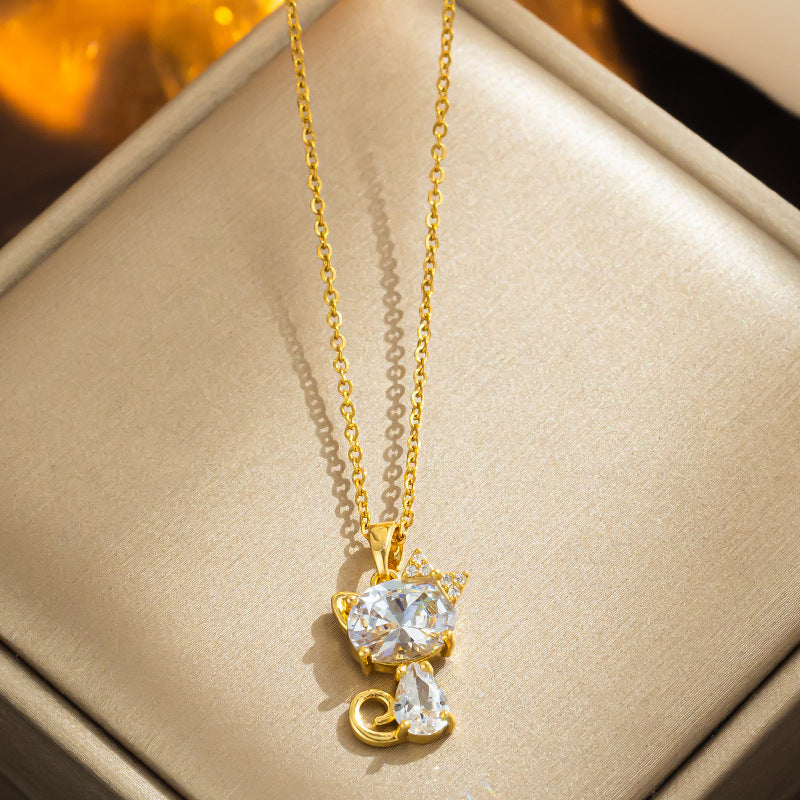 Design Kt Cat Pendant Necklace Micro Inlaid Zircon Copper Plated 18 Gold All-Match Clavicle Chain