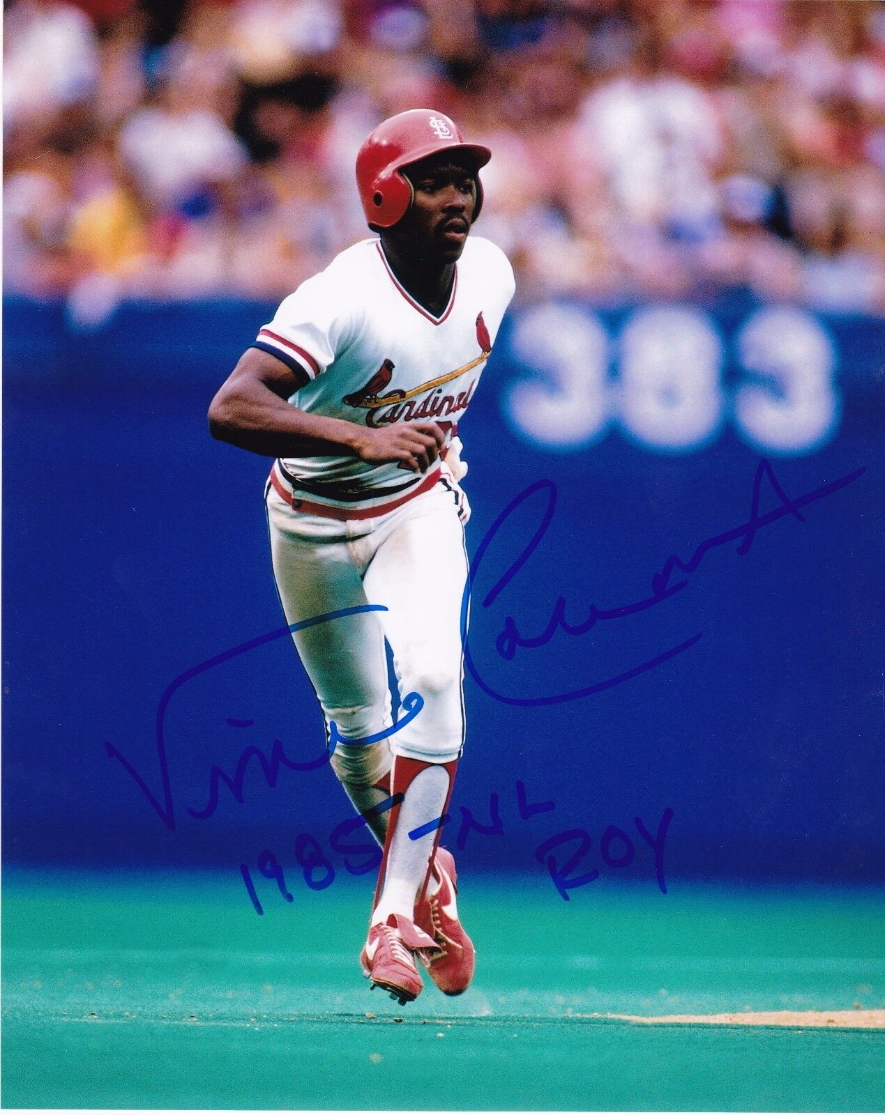 VINCE COLEMAN ST. LOUIS CARDINALS 1985 NL ROY ACTION SIGNED 8x10