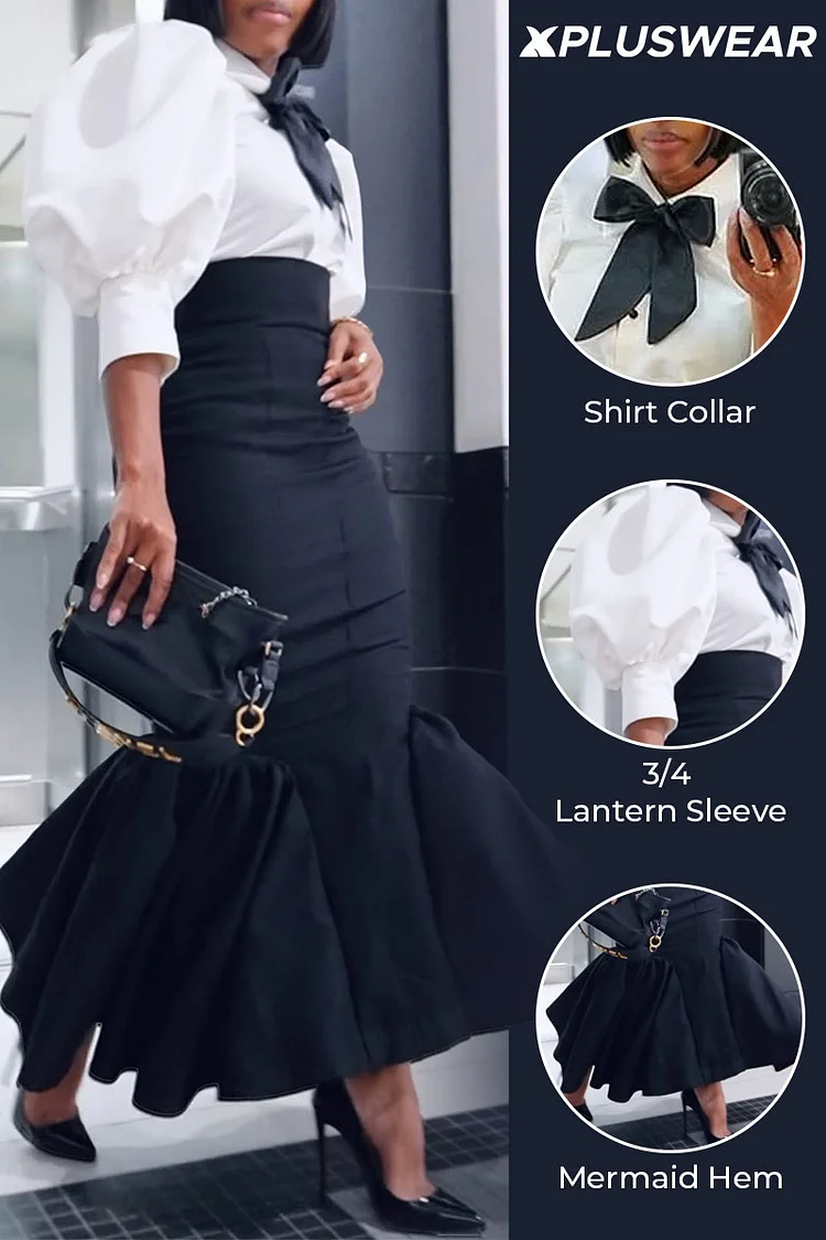 Plus Size Business Casual Black Elegant Shirt Collar Lantern Sleeve 3/4 Sleeve Ruffle Bodycon Two Piece Skirt Sets [Pre-Order]