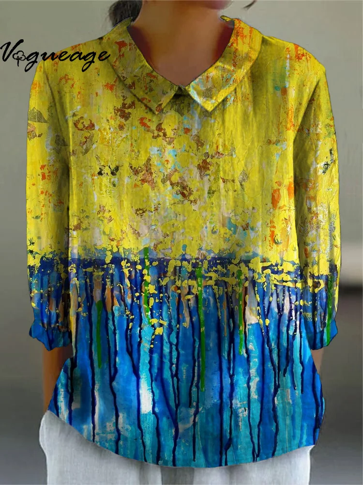 Bright And Elegant Artistic Colors Printed Cotton And Linen Shirt